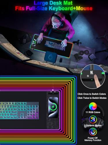 Mouse Pad with Wireless Charging, Large Desk Mat RGB Gaming Mousepad, 10 Light Colors LED Gaming Pad Keyboard Pad with Ultra-Smooth Surface & Non-Slip Rubber Base, Waterproof Full Desk Mouse Pad - color: 31.5x11.81"-Black Right