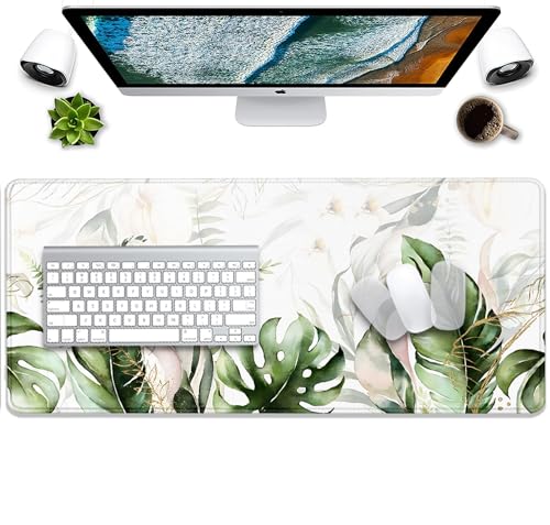Green Tropical Leaves Mouse Pad Desk Pad,Green Sage Plant Extended Gaming Mouse Mat with Stitched Edges Non-Slip Waterproof Rubber Base Mous Mat for Office Home Game Desk Pad(27.5X11.8 in) - color: Green Tropical Leaves