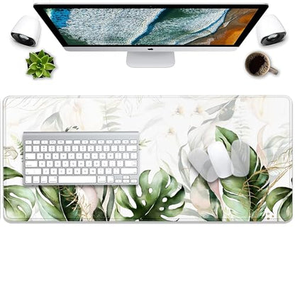Green Tropical Leaves Mouse Pad Desk Pad,Green Sage Plant Extended Gaming Mouse Mat with Stitched Edges Non-Slip Waterproof Rubber Base Mous Mat for Office Home Game Desk Pad(27.5X11.8 in) - color: Green Tropical Leaves