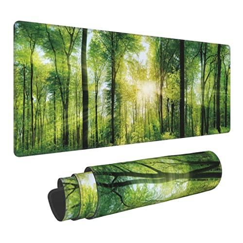 Scenic Forest of Fresh Green Deciduous Trees Extended Gaming Mouse Pad Large Desk Mat with Non-Slip Rubber Base and Stitched Edges,Keyboard Mouse Mat Desk Pad for Work,Game,Office,Home 35.4*15.7 Inch - color: Scenic Forest