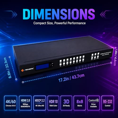 J-Tech Digital 8x8 HDMI Matrix Switch 4K 60Hz HDMI 2.0, Compatible with HDR Dolby Vision Audio Embedding Extraction Web GUI [JTECH-88MU] - size: 4K60 8x8 HDMI Matrix