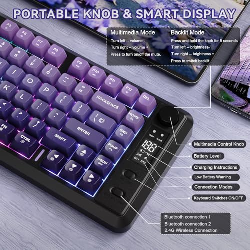 ZIYOU LANG M75 Wireless Gaming Keyboard, RGB Backlit Rechargeable 2000mAh Battery, Small Membrane But Mechanical Feel Keyboard with Smart Display & Knob, PBT Gradient keycaps for PC, MAC-Grape Purple - color: Grape Purple