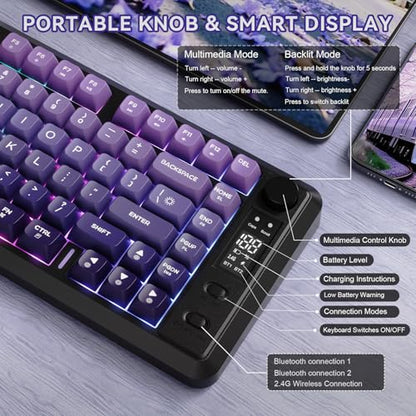 ZIYOU LANG M75 Wireless Gaming Keyboard, RGB Backlit Rechargeable 2000mAh Battery, Small Membrane But Mechanical Feel Keyboard with Smart Display & Knob, PBT Gradient keycaps for PC, MAC-Grape Purple - color: Grape Purple