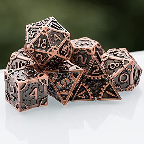 UDIXI Steampunk Metal Dice Set, 7PCS Metal Polyhedral DND Dice Set for D&D | Ancient Copper, Gear Carved, Solid Metal, Metal Gift Box, DM Gift, for Dungeons and Dragons RPG Role Playing Games - color: Gear-antique Copper