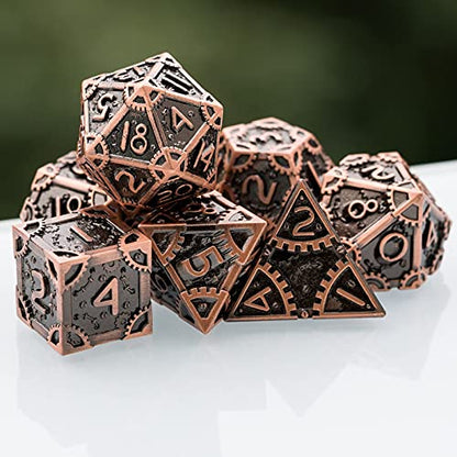 UDIXI Steampunk Metal Dice Set, 7PCS Metal Polyhedral DND Dice Set for D&D | Ancient Copper, Gear Carved, Solid Metal, Metal Gift Box, DM Gift, for Dungeons and Dragons RPG Role Playing Games - color: Gear-antique Copper