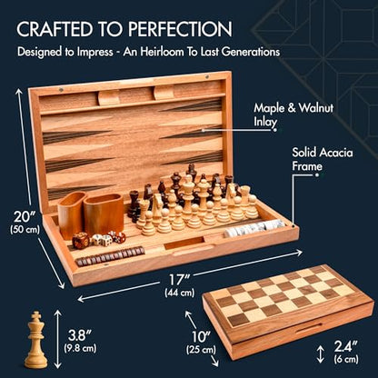 Pointworks 17 Inch Chess Checkers Backgammon Set for adults, Wooden chess set combo, portable folding two sided board multi game design, maple walnut inlay with large weighted pieces, acrylic checkers - style: Backgammon, Chess & Checkers