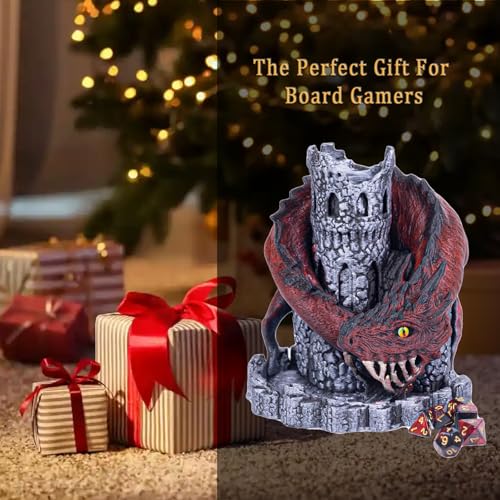 WodGod Red Dragon Castle Dice Tower（with 7Pcs Polyhedral Dice）,for Tabletop Games, D&D and RPG Games,Dungeons and Dragons,DND Dice Tower,Perfect Table Decoration & Party Surprise Gifts