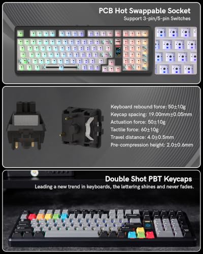 Keymatic Mechanical Keyboard Wireless,98% Pink Creamy Keyboard Gaming Keyboard,3 Mode with Multimedia Screen,RGB Backlit,Black - color: Black