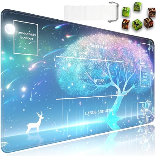 JVGFYNKL for MTG Playmat, 24 x 14 in for TCG Playmat with Zones,Trading Card Game Playmats with Storage Bag and 6 Dice, for MTG Table Mat Card Accessories, Deer and The Tree of Life - color: JV-Playmat-5K-4-F158