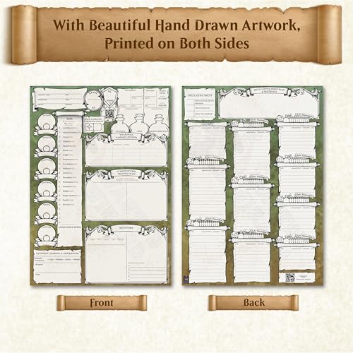 DND Character Sheets with Hand Drawn Artwork. Wet Erase Plastic Sheets Compatible with Dungeons and Dragons 5e & 2024 Player’s Handbook. Set of 2 (Green & Brown). - style: 2 pack