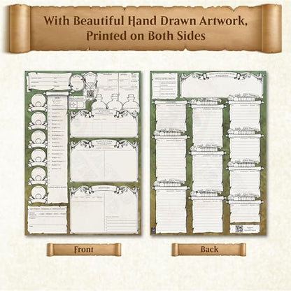 DND Character Sheets with Hand Drawn Artwork. Wet Erase Plastic Sheets Compatible with Dungeons and Dragons 5e & 2024 Player’s Handbook. Set of 6 (Green & Brown). - style: 6 pack