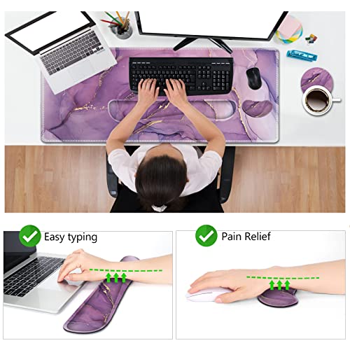 AIMSA Large Gaming Mouse Pad Set, Keyboard Wrist Rest Support Mouse Pad, Ergonomic Memory Foam Multifunctional Extended Desk Mat 35x15.7in Anti-Slip Rubber Base for Office Home, Purple Marble - color: Purple Marble