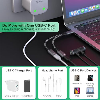 Dual USB-C Headphone and Charger Adapter - 1 in 2 out USB C Splitter with 60W Fast Charging and Audio Adapter for iPhone 16 15 iPad Huawei Galaxy PC, Type-C to Headphone Splitter for Call & Music