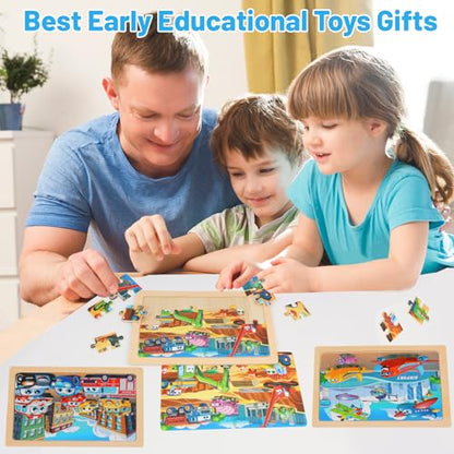 Puzzles for Kids Ages 4-6, 4-Pack 24-Piece Wooden Kids Puzzles | Construction Vehicle Themes | Educational Puzzles for Kids Ages 3-5, Age-Appropriate Learning Toys, Ages 3+ - color: Vehicles