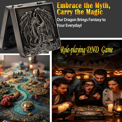 Metal DND Dice Set 7-in-1 D4-D20 3D Dragon Case Leather Bag Silver | 7 in 1 metal polyhedral dice. D4-D20 dnd spinner. 3D dragon case. Leather storage bag. Zinc alloy. DND RPG TTRPG gift. - color: Silver