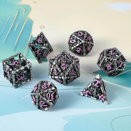 Hollow Grim Reaper Metal DND Dice Set, 7-Piece Polyhedral RPG Dice with Purple Numbers, 3D Hollow Wizard Skeleton Design with Metal Tin Box for D&D, RPGs, MTG, and Board Games - color: Hollow Wizard Silver