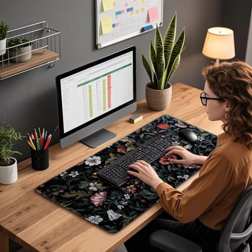 Dark Floral Pattern Large Gaming Mouse Pad Desk Mat 31.5"x15.7" | Extended Mousepad, Non-Slip Rubber Base , Stitched Edges, for Computer/Laptop/Office/Home - color: Dark Floral Pattern