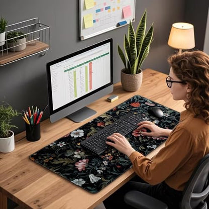 Dark Floral Pattern Large Gaming Mouse Pad Desk Mat 31.5"x15.7" | Extended Mousepad, Non-Slip Rubber Base , Stitched Edges, for Computer/Laptop/Office/Home - color: Dark Floral Pattern