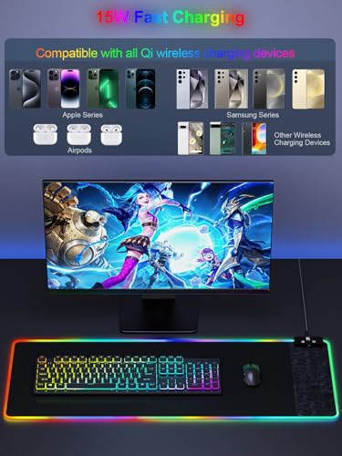 Mouse Pad with Wireless Charging, Large Desk Mat RGB Gaming Mousepad, 10 Light Colors LED Gaming Pad Keyboard Pad with Ultra-Smooth Surface & Non-Slip Rubber Base, Waterproof Full Desk Mouse Pad - color: 31.5x11.81"-Black Right