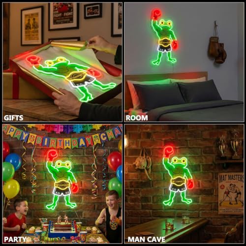 HAJAE Frog Neon Sign, Dimmable Boxing Frog Champion LED Light Wall Decor - Funny Muscular Frog Gifts for Men Boys Kids, Wrestling Birthday Party Decorations, Gym Man Cave Room Neon Light - style: Boxing Frog