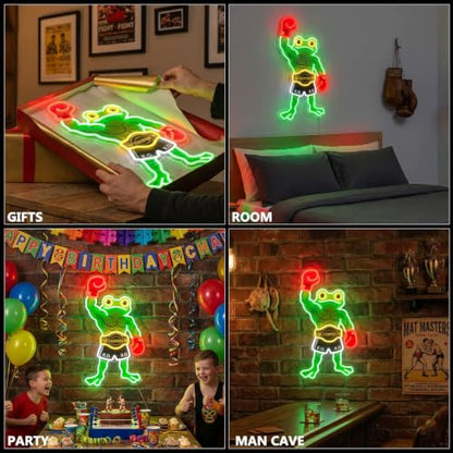 HAJAE Frog Neon Sign, Dimmable Boxing Frog Champion LED Light Wall Decor - Funny Muscular Frog Gifts for Men Boys Kids, Wrestling Birthday Party Decorations, Gym Man Cave Room Neon Light - style: Boxing Frog