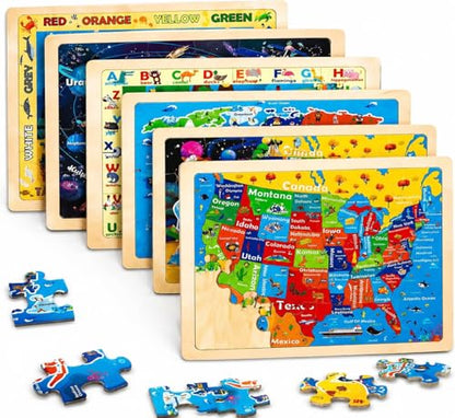 Wooden Puzzles for Toddlers 3-5,6 in 1 Jigsaw Wooden Solar System Puzzles for Ages 4-6,Preschool Educational Brain Toys Birthday Gifts for Boys and Girls 2 4 3 5 Year Old（World Map） - style: World Map