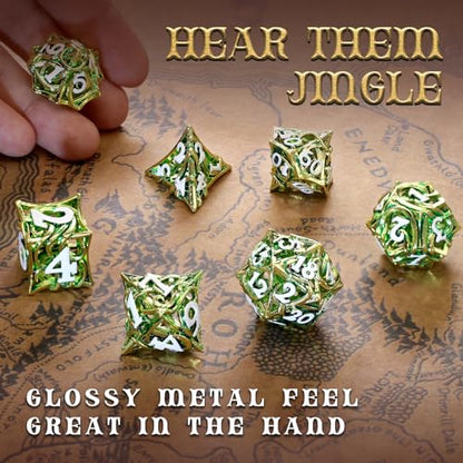 FONVGOGO Metal DND Dice Set of 7 for Dungeons and Dragons Hollow Polyhedral Metal Vine Dice Set D and D with Black Case Role Playing D and D RPG Dice for Tabletop Games Ttrpg (Vine Green) - color: Vine Green
