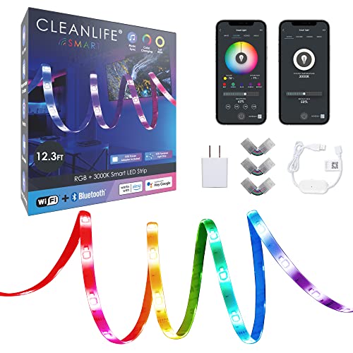 CLEANLIFE Smart LED Strip Light, RGB/3000K, WiFi & BLE, USB, 12.3 ft | App-controlled, dimmable, Bluetooth pairing, mounting hardware incl., for under-cabinet & TV backlight use, 15,000 hr life - size: 12.3 Ft