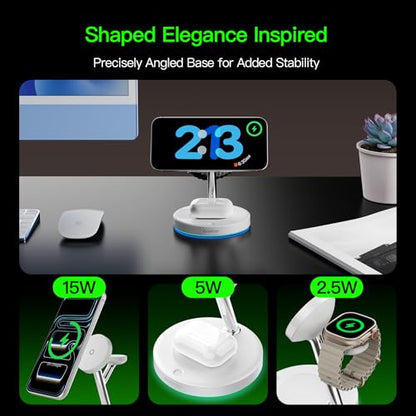 【Adjustable Blue Ambient Light】 Wireless Charger 3 in 1 for iPhone, Magnetic Charging Station for Apple Family,15W Fast MagSafe Charger Stand,for iPhone17-12-iWatch AirPods Series - color: White