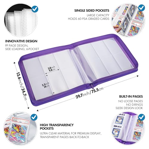 FunGuys Graded Card Binder, 60 PSA Slab Holder, 6 Pocket Graded Card Storage, Slab Binder, PSA Card Graded Display Case Album, Zipper, MTG Card Collection Binder - color: Black and Purple