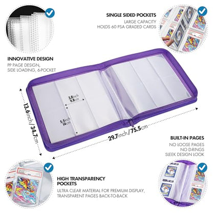 FunGuys Graded Card Binder, 60 PSA Slab Holder, 6 Pocket Graded Card Storage, Slab Binder, PSA Card Graded Display Case Album, Zipper, MTG Card Collection Binder - color: Black and Purple