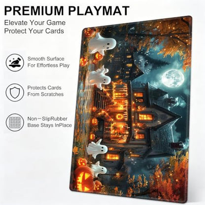 for MTG Playmat, Custom Trading Card Game Mat 27.6 x 15.7 in | Ghostly Pumpkin House Premium Non-Slip Rubber Base, Water-Resistant & Stitched Edges, Personalized High-Definition Art - color: Ghostly Pumpkin House, size: 28" x 16" Regular
