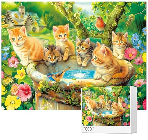 Jigsaw Puzzles 1000 Pieces - Puzzles for Adults - Kittens by the Fountain - Cats Kitten Pets Animal Lovers Impossible Hard Difficult Challenging Puzzles for Home Decor Birthday Party Gifts - color: Kittens By the Fountain