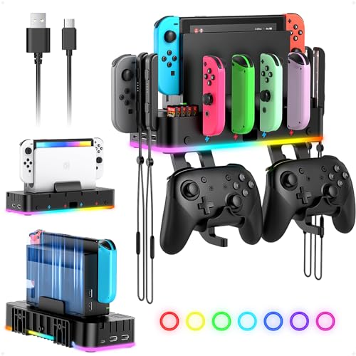 FASTSNAIL RGB Switch Wall Mount for Joy-Con/Nintendo Switch 1/ OLED Console | Switch Accessories with 15 Light Mode, 4 Controller Charger, 2 USB Port, 10 Card Slot - color: Carbon Black, size: For Nintendo Switch 1