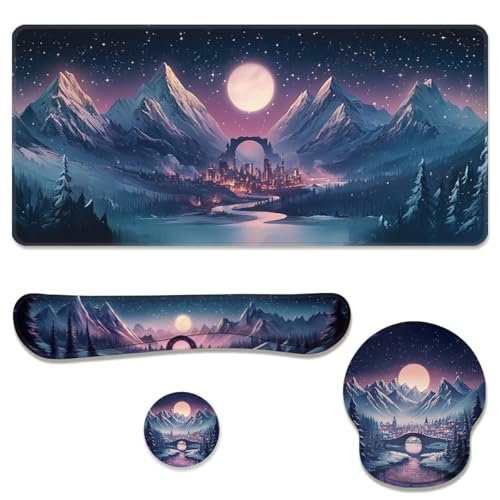 Fantasy City Desk Mat Set Night Moon Mountain Landscape Mouse Pad with Wrist Rest 4in1 Desk Mat for Desktop Ergonomic Keyboard Wrist Support Anti-Slip Computer Ergonomic Mouse Pad Home Office Gaming - color: Fantasy City