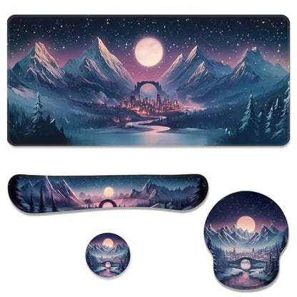 Fantasy City Desk Mat Set Night Moon Mountain Landscape Mouse Pad with Wrist Rest 4in1 Desk Mat for Desktop Ergonomic Keyboard Wrist Support Anti-Slip Computer Ergonomic Mouse Pad Home Office Gaming - color: Fantasy City