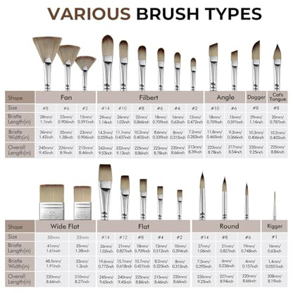 Fuumuui 25pcs Paint Brush Set, Professional 9 Shapes with Wide Flat, Filbert, Fan, Dagger, Cat Tongue, Round, Angle, Rigger for Acrylic Oil Watercolor | Includes Palette Knife & Waterproof Canvas Roll - color: Brown