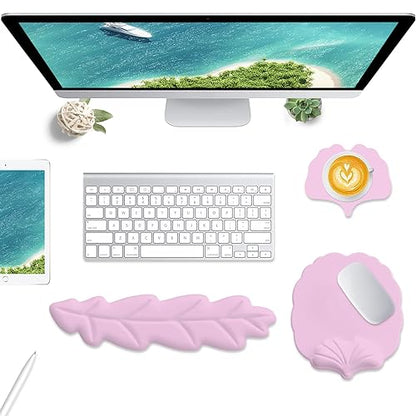 Keyboard Wrist Rest and Mouse Pad with Wrist Support Set, Ergonomic Leaf Shape Mouse Pad with Non-Slip Base, Pain Relief Memory Foam Mousepad for Computer,Laptop,Home Office, Pink - color: Pink