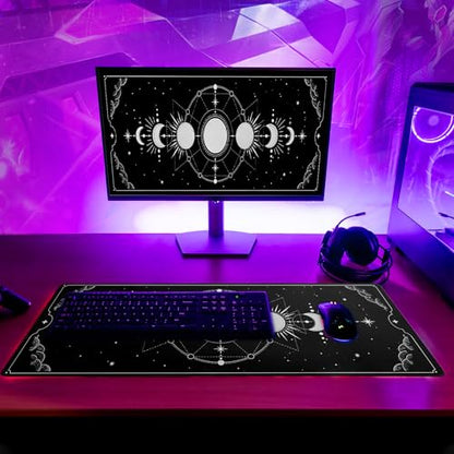 Sun Moon Gaming Mouse Pad Black Large Mouse Pad for Keyboard and Mousepad Desk Mat with 3mm Non-Slip Base and Stitched Edge for Gaming and Office Computer Mat Protector Mat 31.5x11.8 Inch - color: Sun Moon