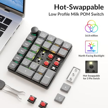 Keychron K0 Max Wireless Low-Profile Number Pad, QMK/VIA Programmable, Hot-Swappable Red Switch, RGB Backlit, 2.4GHz & Bluetooth 5.3, 1000Hz Polling Rate, with Knob, for Windows/Mac - color: Red Switch, size: Black