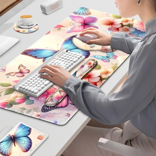 Gaming Mouse Pad, Large Desk Mat, 4in1 XXL Mousepad Cute Desk Pad Protector | Keyboard Wrist Rest+Mouse Wrist Rest+Coaster Set with Ergonomic Desk Pad for Home Office PC Computer, Butterflies Flowers - color: Butterflies Flowers