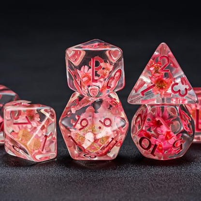 Flower Resin D&D Dice Set, 7pcs Polyhedral Dice for Dungeons and Dragons, RPG, MTG, Role Playing Games (D4, D6, D8, D10, D12, D20, D%) - color: Pink Flowers