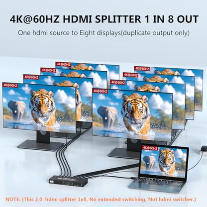 4K@60Hz 1x8 HDMI Splitter 4:4:4,18 Gbps,8 Port Powered HDMI 2.0 Splitter1 in 8 Out Support Auto Down Scaler, 4K 1080P Sync, HDR10,3D, HDCP 2.2,Only Duplication/Mirror Screens (Not Extend) for HDTV/PS5 - size: 4K@60Hz 1x8 splitter