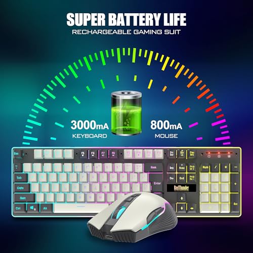 RedThunder K10 Pro Wireless Gaming Keyboard and Mouse Combo, RGB Backlit Rechargeable 3800mAh Battery, Mechanical Feel Anti-ghosting Keyboard + 7D 3200DPI Mice for PC Gamer(White Gray) - color: White-Gray RGB