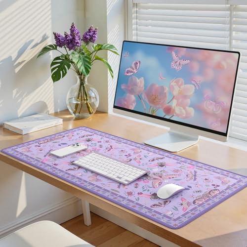 iCasso Purple Large Mouse Pad, Desk Matt for Desktop | XXL Desk Mat for Keyboard and Mouse, Anti-Slip Big Mousepad Computer Mat with Stitched Edges - color: Insect-purple