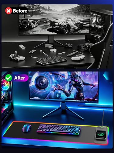 Wireless Charging Mouse Pad Gaming, 31.5"x11.8" Large Desk Mat, Waterproof | RGB Mousepad, Smooth Glide, Stitched Edge, Non-Slip Rubber Base, Desk Pad Computer Keyboard Mat, No Adapter - color: RGB-31.5"x11.8"-Right