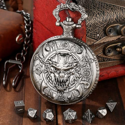 Mini DND Dice Set with Steampunk Warlock Skull Pocket Watch Case, Tiny 7PCS Polyhedral Metal D&D Dice, DND Gifts with Gift Box, Gothic Gifts, Role Playing Game Board Game Accessories Dice, Dark Silver