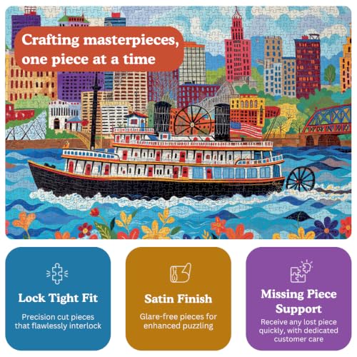 Cross & Glory | Jigsaw Puzzles for Adults | Queen City Paddle Wheel | Landscape Puzzles for Adults | Satin Finish | Ages 14+ - color: Queen City Adventure - River
