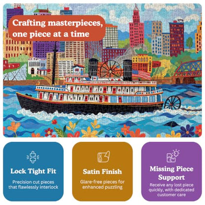 Cross & Glory | Jigsaw Puzzles for Adults | Queen City Paddle Wheel | Landscape Puzzles for Adults | Satin Finish | Ages 14+ - color: Queen City Adventure - River