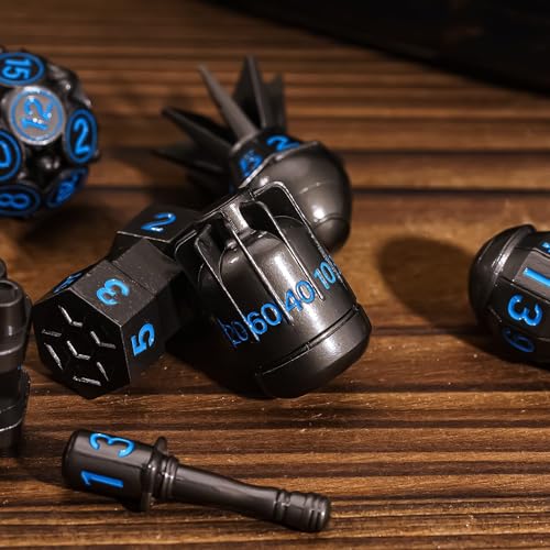 UDIXI Metal Dice Set D&D 7PCS RPG Polyhedral Metal DND Dice Set Black | Bomb Shape, Solid Metal, Cool Design, Leather Pouch Packaging, for Dungeons and Dragons Role Playing Games Tabletop Games - color: Black Blue